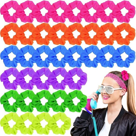 Neon Scrunchies Bulk Polyester 48 Pack Bright Colors 80s Hair Accessories Women main image 5